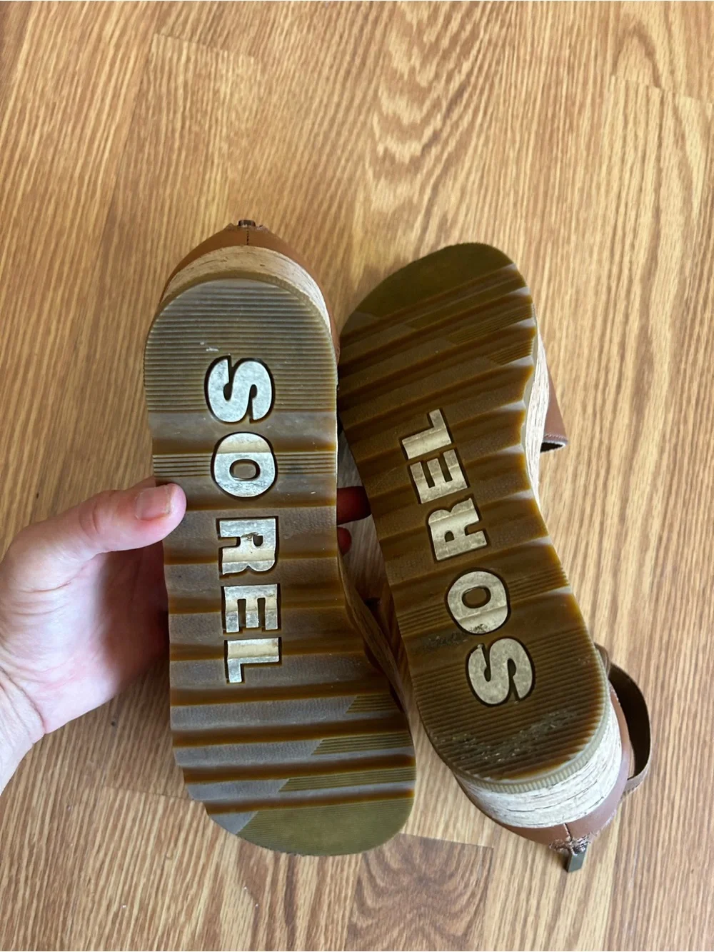 Sorel Cameron Brown Cork Wedge Sandals with Elastic Ankle Straps